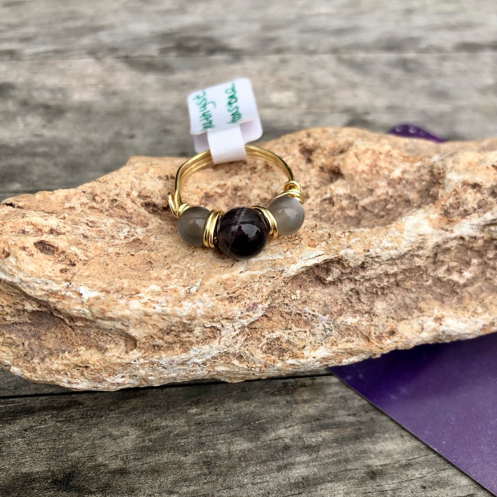 Super 7 Amethyst Moonstone Beaded Wire Wrapped Ring - size 8
